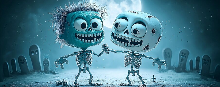 A cheerful Frankenstein monster and a happy skeleton dancing under the moonlight, with a spooky yet cute graveyard in the background and generous copy space for customization.