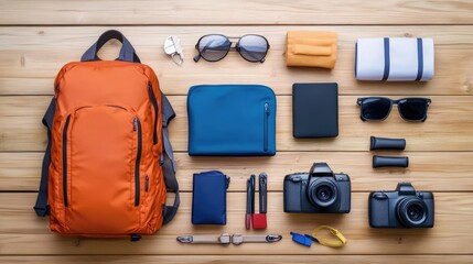 Flat lay of essential travel items including backpack, cameras, sunglasses, and accessories on a wooden surface.
