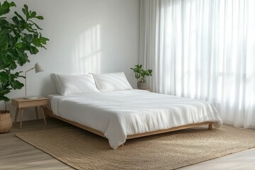A serene bedroom featuring a bed, natural light, and indoor plants for a calming atmosphere.