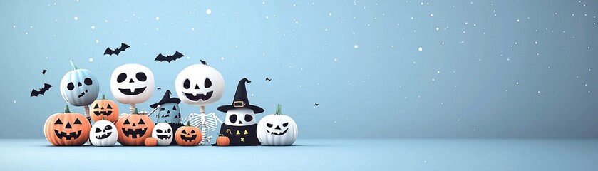 Fototapeta premium A group of playful Halloween monsters, including a happy skeleton and a cheerful vampire, enjoying a night under the stars, with ample copy space for messaging.