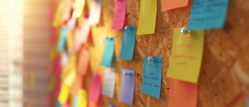 corkboard filled with colorful sticky notes, pinned with messages and reminders. The warm sunlight casts a soft glow, enhancing the creative and dynamic atmosphere of the board