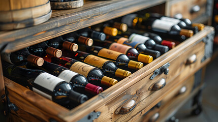 Naklejka premium Numerous wine bottles are neatly arranged inside a vintage wooden crate, showcasing a classic and sophisticated ambiance