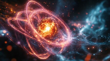Obraz premium Fusion and fission processes within the atomic nucleus, visualizing energy release and particle interactions