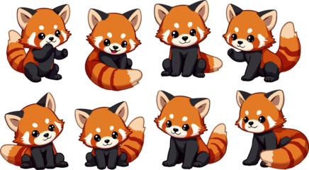 set of cartoon red panda, isolated on white background , transparent vector style flat color png image	
