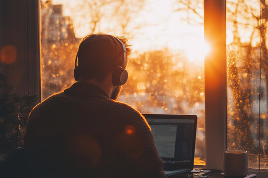 Businessman in earphones working with laptop sun shining through window. 