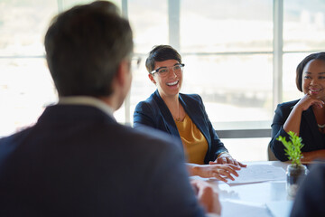 Office, discussion and people with paperwork in meeting for business proposal, b2b merger and info....