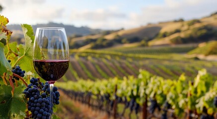 wine glass with a pour of red wine in the foreground at scenic vineyard during harvest season, with ripe grapes on the vine and rolling hills in the background. 