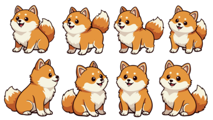 set of cartoon akita, isolated on white background , transparent vector style flat color png image	