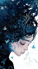 A woman's face with long blue hair and butterflies surrounding her, with a white background.