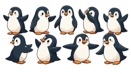 Obraz premium set of cartoon penguin, isolated on white background , transparent vector style flat color png image 