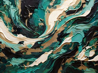 Obraz premium Vibrant abstract background with bold, emerald engine, bright emerald hues and deep, rich black tones, reminiscent of a dynamic, expressive art piece, with swirling patterns and shapes that evoke