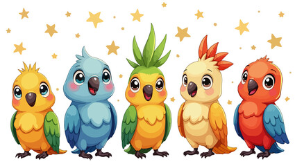 Fototapeta premium set of cartoon parrot , isolated on white background , transparent vector style flat color png image 