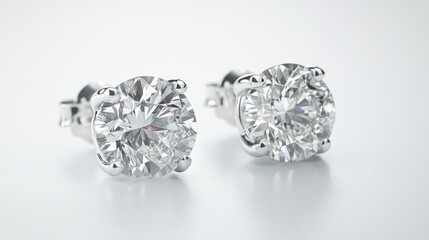 A pair of matching diamond earrings displayed on a white background, highlighting their shine and the quality of the stones
