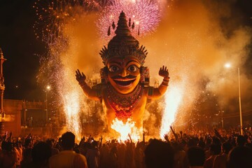 vibrant Dussehra celebration with large effigy of Ravana being burned in public space filled with festive crowds, colorful fireworks, traditional decorations, energy and excitement of the event