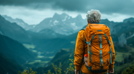 An elderly adventurer in an orange backpack gazes at the magnificent mountain panorama, appreciating nature’s beauty during a tranquil hike in the afternoon