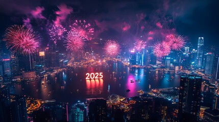 Fototapeta premium 2025 New Year Fireworks Celebration in City Skyline