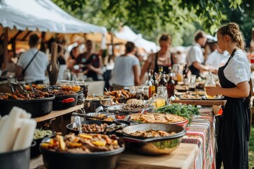 traditional food and drinks being served at a European festival. Highlight the variety of dishes and beverages, decorated tables, people enjoying the feast to capture the culinary aspect of the event 