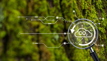 Environmental goal concept for green business. Focus on white goal icon for social business strategy and environmental business development. With magnifying glass.