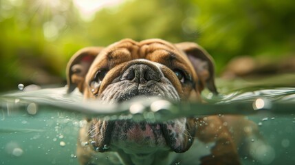  A tight shot of a dog swimming, head erect above water