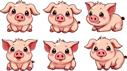 set of cartoon funny pig , isolated on white background , transparent vector style flat color png image	