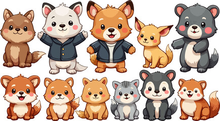 Obraz premium set of cartoon animals , isolated on white background , transparent vector style flat color png image 