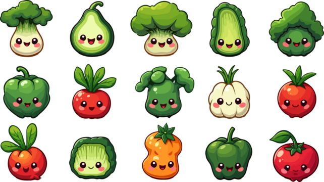 set of cartoon fruit and vegetables , isolated on white background , transparent vector style flat color png image	 - Powered by Adobe