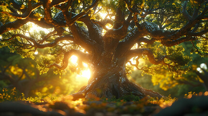 Sunlight Through Ancient Tree Branches - 3D Illustration