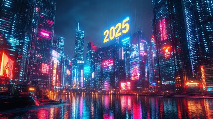 2025 Neon Cityscape with Water Reflection