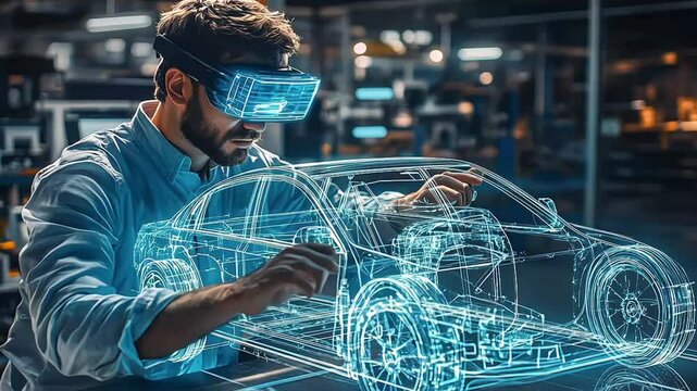 An Automotive Engineer Uses Augmented Reality to Construct a 3D Model of a High-Tech Electric Vehicle Optimizing Battery Efficiency. Robot Arms Designed and Produced by Automated Systems