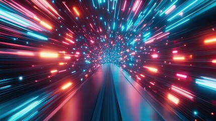 Obraz premium A dynamic 3D render of neon lights moving at high speed, creating a vibrant and futuristic technology background with a sense of motion and energy.