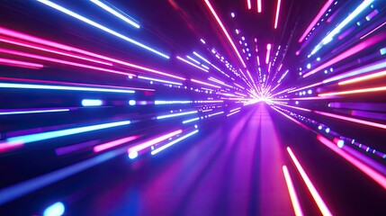 Obraz premium A dynamic 3D render of neon lights moving at high speed, creating a vibrant and futuristic technology background with a sense of motion and energy.