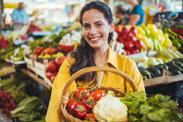 Smiling Woman Holding Basket at Vibrant Farmers Market