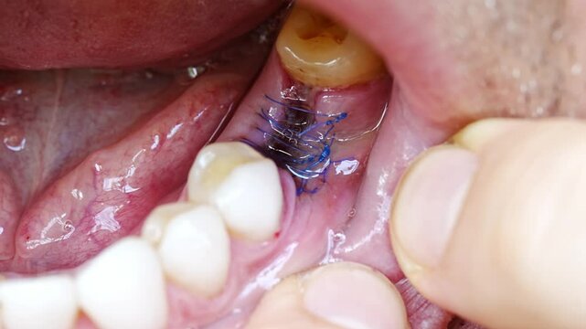 close-up. a sutured socket in the oral cavity after tooth extraction. the work of a dentist surgeon.