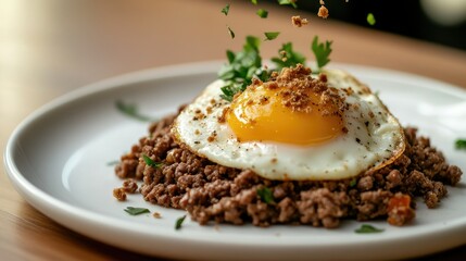 A fried egg placed on seasoned beef mince, with crumbs and herbs falling from above, making the meal look fresh and appetizing on a white plate.