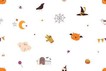 Seamless Halloween pattern with cute pumpkins, ghosts, spider web. Festive autumn background, October holiday print, funny endless texture. Flat vector illustration for wrapping, textile design