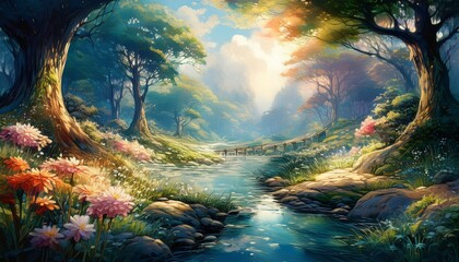 Obraz premium A forest scene while the sun begin to rise. Tall, ancient trees with vibrant green leaves form a canopy above, while a winding stream with clear, sparkling water flows gently through the scene.