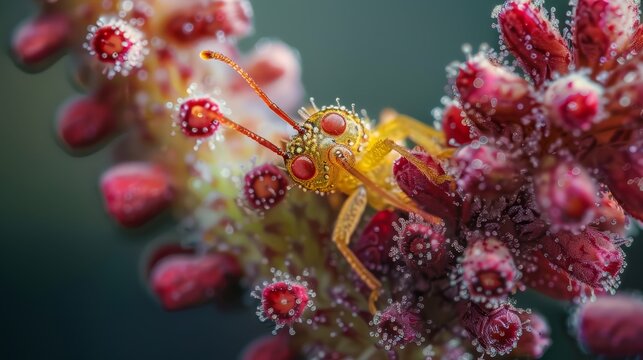 A tight shot of a yellow and red arachnid on a red and white flora, adorned with dewdrops