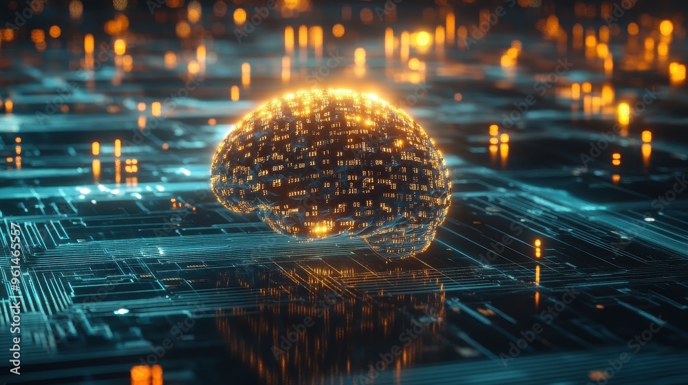 Poster digital mind: abstract brain with glowing binary code in cyber landscape