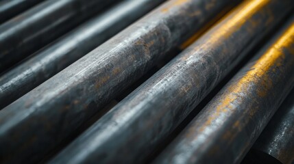 A close-up view of cold drawn steel rods, showcasing their smooth, polished surfaces and consistent diameters. These rods are essential components in construction, manufacturing, and engineering, high