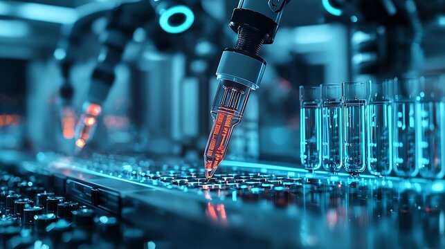 A robotic arm in a laboratory fills test tubes with unwavering accuracy, automation at its finest.