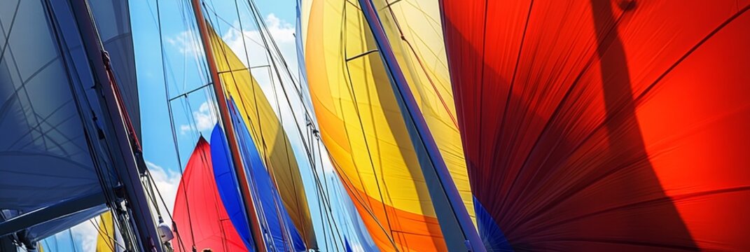 A close-up view of colorful sails as they prepare to race, capturing the excitement and energy of a regatta. The sails represent teamwork, competition, and the pursuit of victory, while the vibrant co