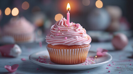 Pink birthday cupcake with candle. 