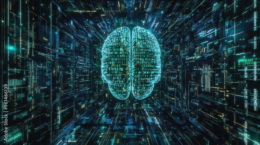 Poster digital mindscape: glowing binary code and cyber circuits artistic composition