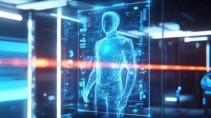 An AIpowered mobile app projecting holographic health warnings based on the environment Minimalistic design, clean tech visuals, white and neon blue, digital art