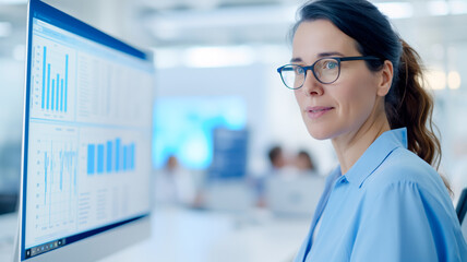 Fototapeta premium Businesswoman analyzing data on computer screen in modern office. Graphs and charts displayed on monitor in professional workplace.