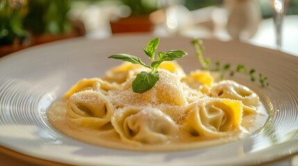 Italian gourmet gastronomy - Tortellini pasta and parmigiano reggiano with bechamel cream sauce on top