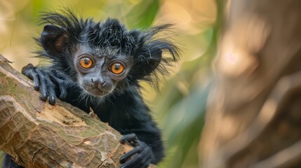 Naklejka premium A tight shot of a monkey on a tree limb against a backdrop of a wooded scene, featuring a tree The foreground showcases an indistinct impression of leafy