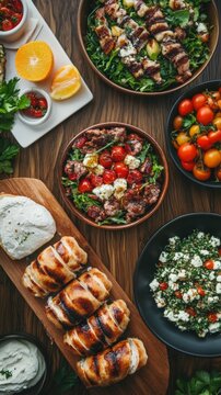 italian tortis and spring salad and Citrus Tabbouleh and Skewers and Mozzarella di Buffala on a wooden table
