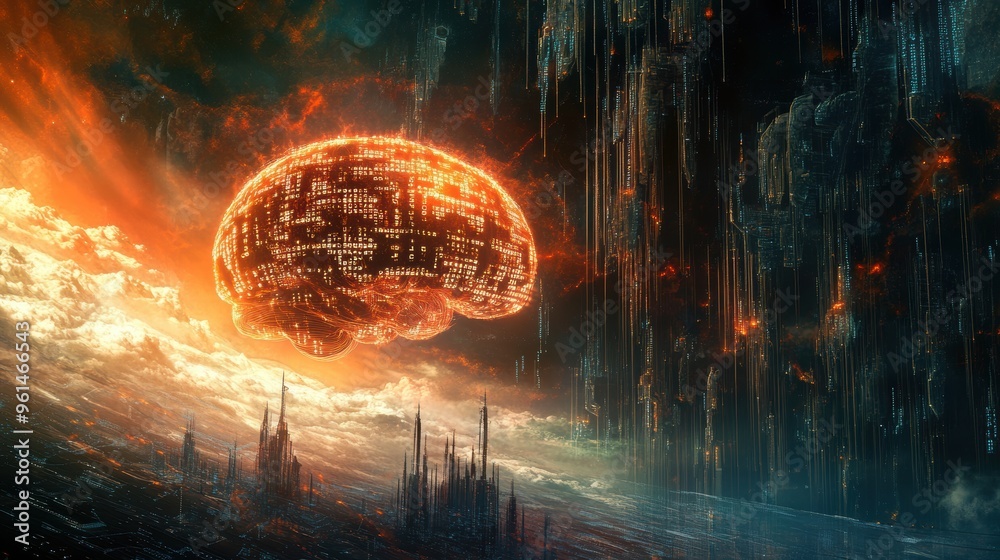 Poster digital mind symphony - abstract brain with binary code and cybernetic patterns in futuristic landsc