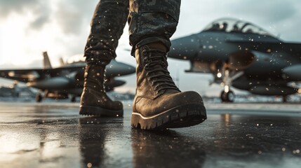 a pilot's military boots walking across a concrete hangar floor, with two rows of fighter jets aligned in the background